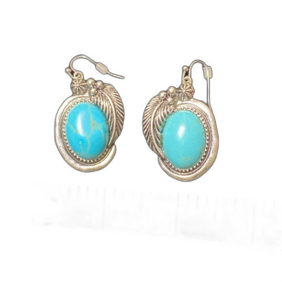 Turquoise and Silver Feather Framed Statement Earrings - Picture 5 of 6